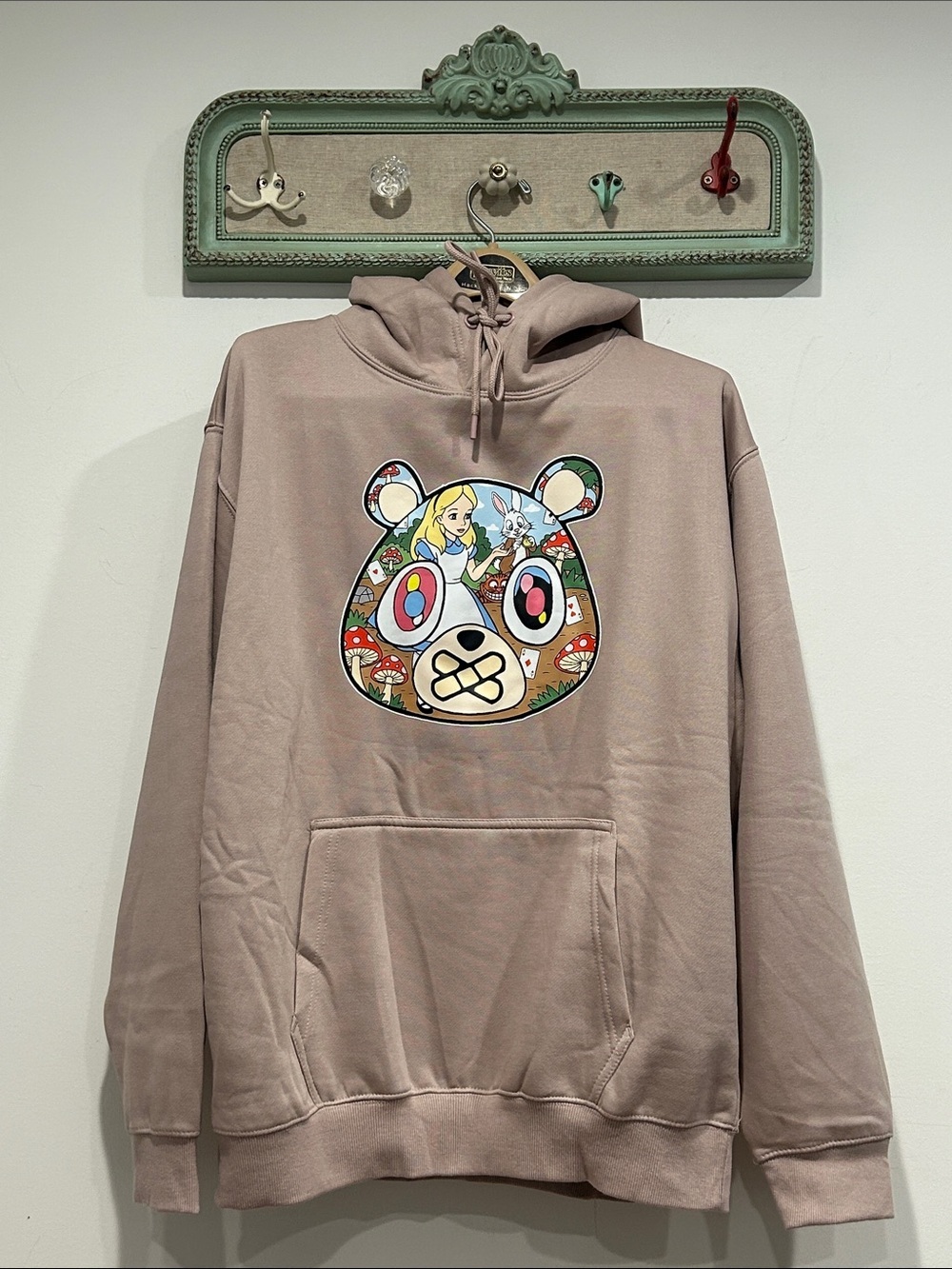 OWNYC Taupe Pullover Hoodie with Alice Bear Motif adult large unisex NWOT